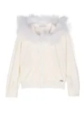 Monnalisa feather-detail velvet zip-up hoodie - White