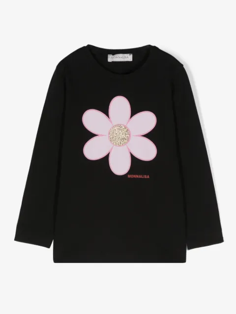 Monnalisa flower-print glittered T-shirt