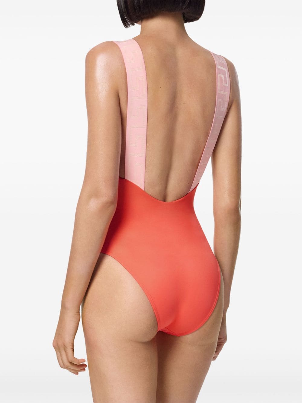 Shop Versace Greca Border One-piece Swimsuit In Pink