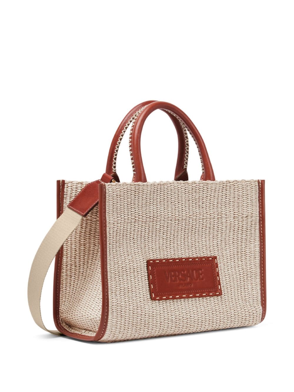 Shop Versace Logo-appliquéd Woven Tote Bag In Brown
