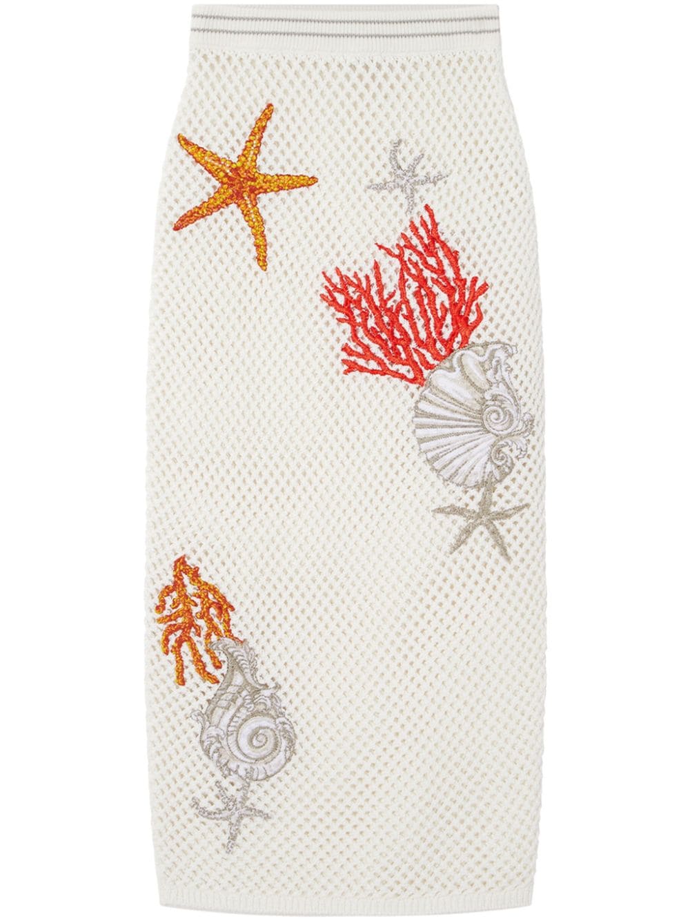 Shop Versace Embroidered Crochet-knit Midi Skirt In White