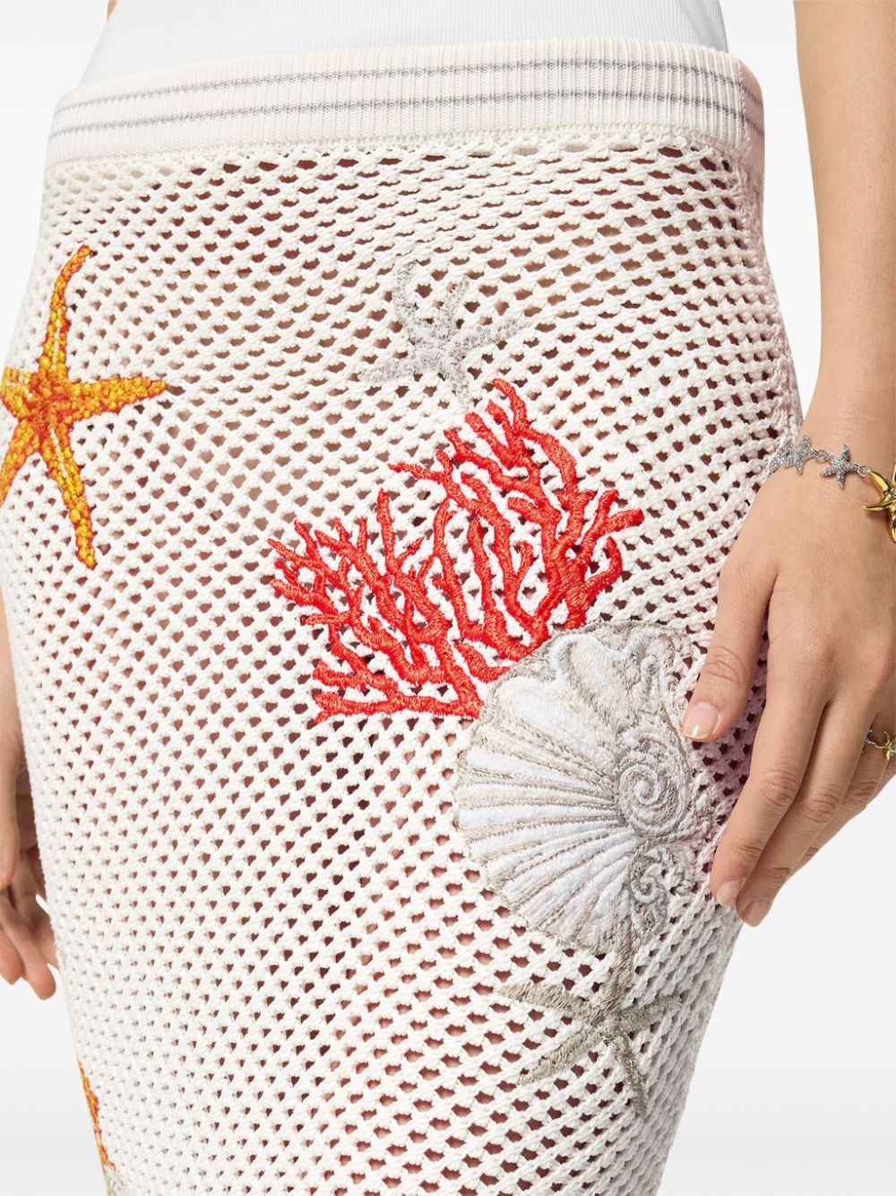 Shop Versace Embroidered Crochet Midi Skirt In White