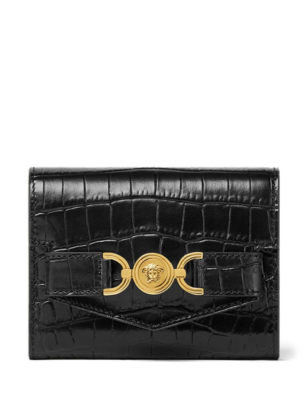 Versace Croc-effect Medusa '95 Trifold Wallet In Black+gold