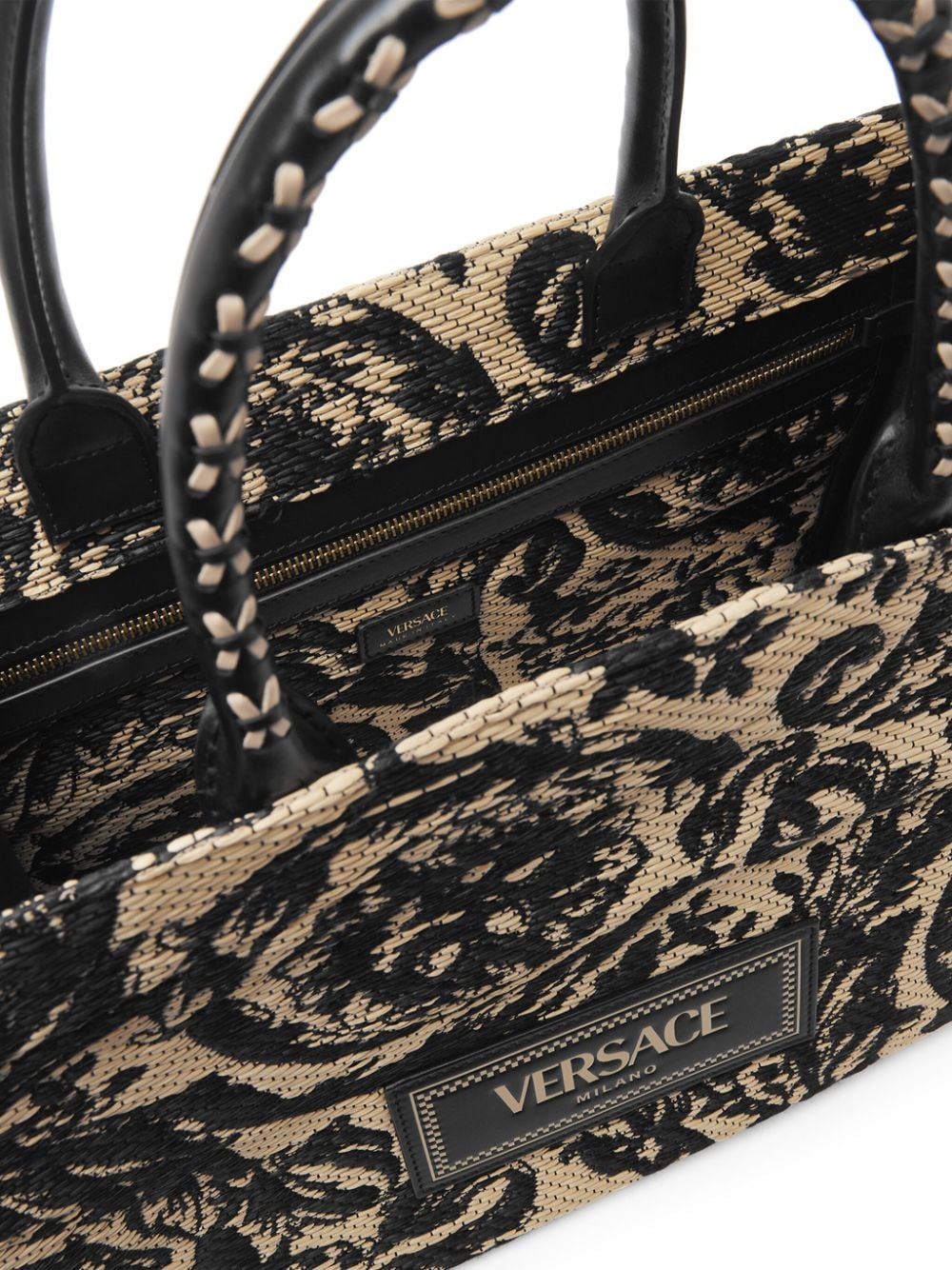 Shop Versace Barocco Athena Raffia Tote Bag In 黑色