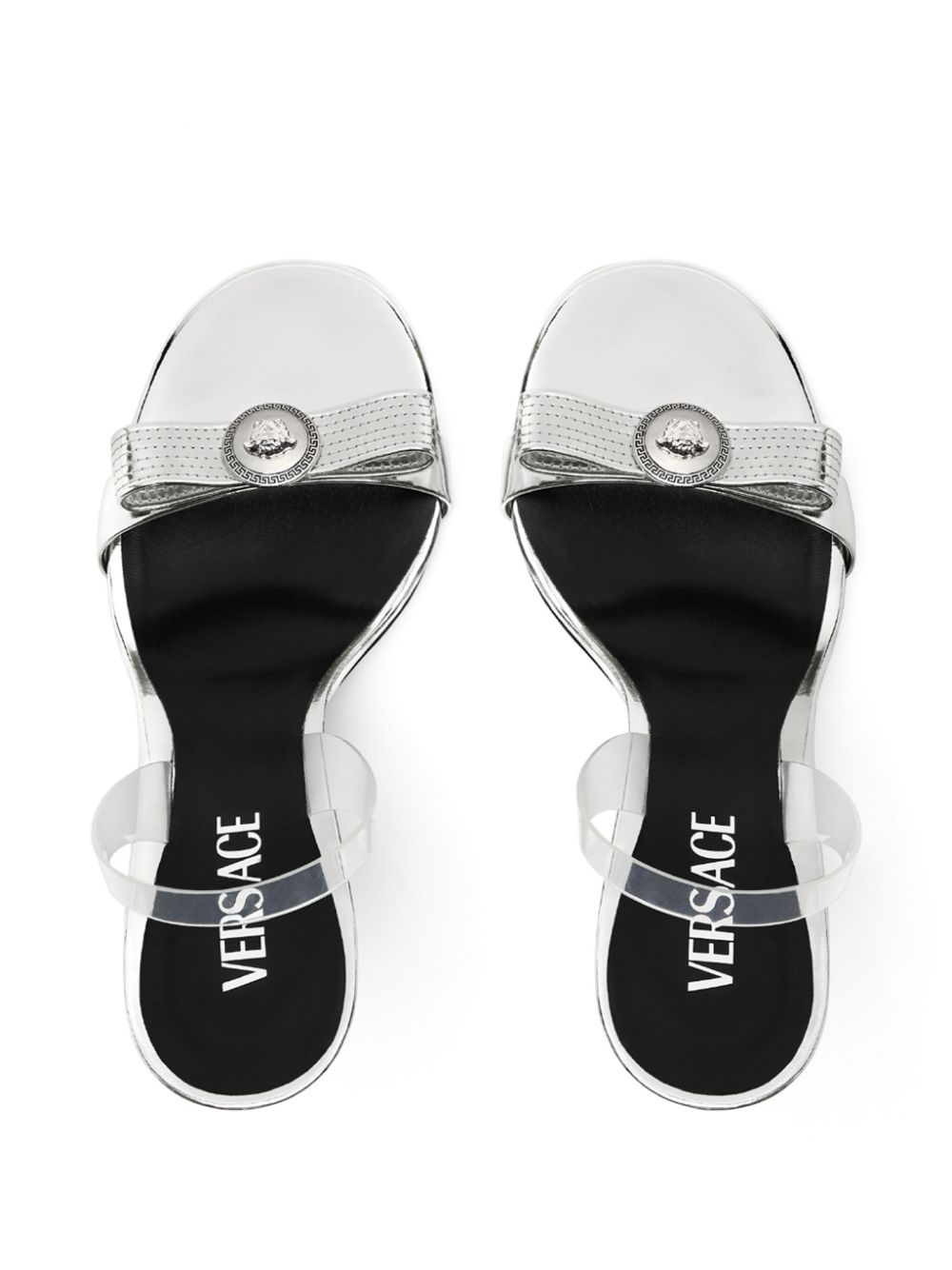 Shop Versace Gianni Ribbon 110mm Metallic Sandals In Silver