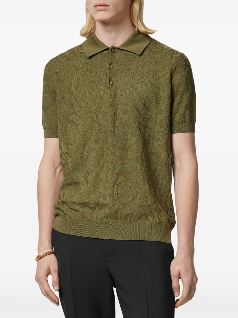 Shop Versace Barocco Knitted Polo Shirt In Grün