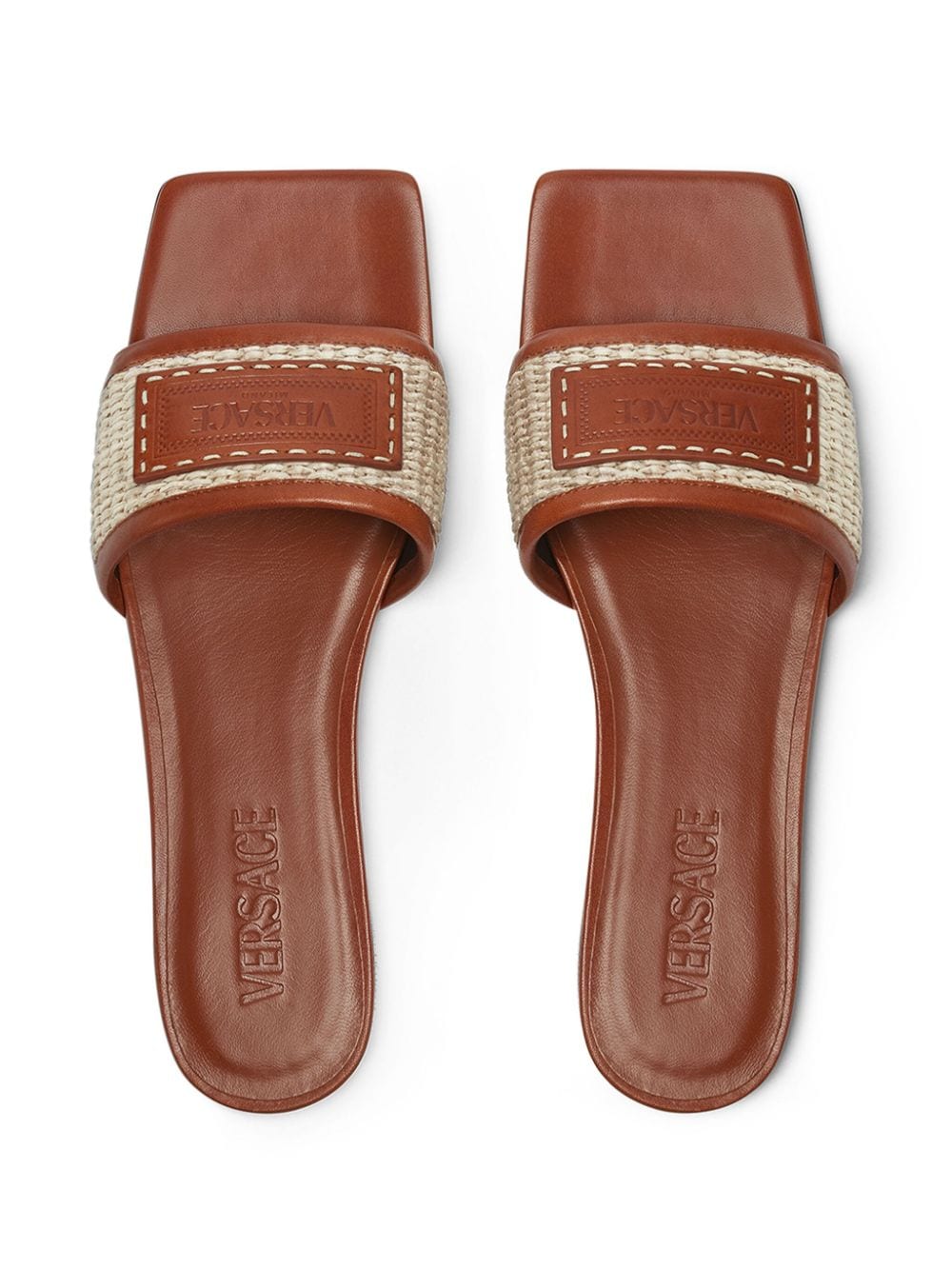 Shop Versace Theia Barocco Raffia Slides In Brown