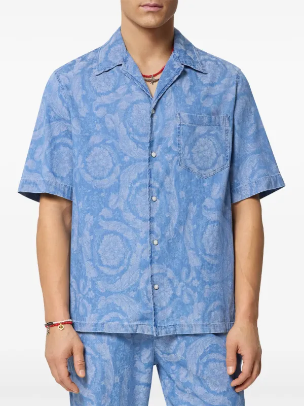 Tシャツ・カットソー VERSACE CAMICIA MC IN DENIM BAROCCO DE LA MER Versace Barocco Wave Crest Cotton T-shirt | White | FARFETCH