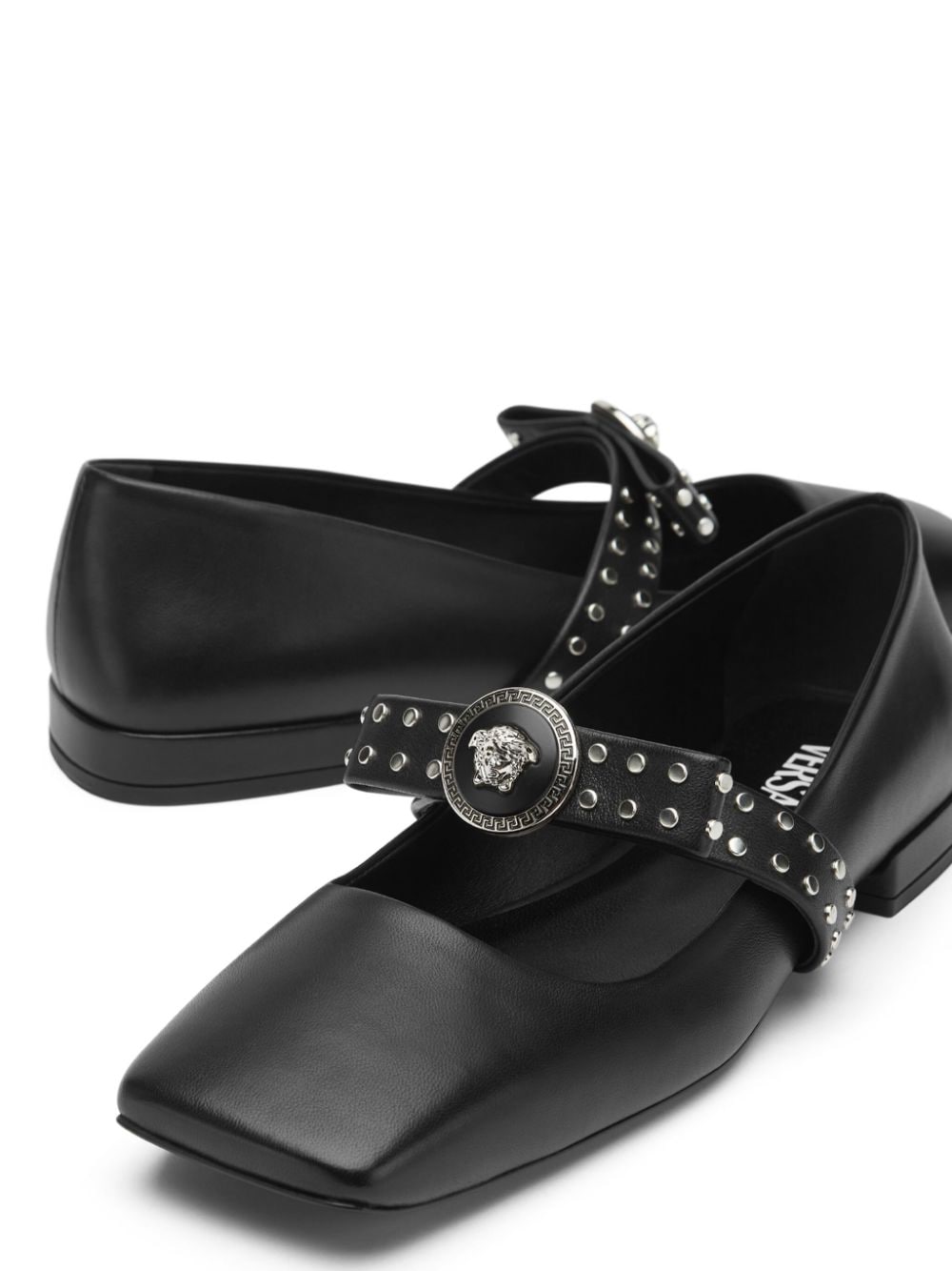 Shop Versace Gianni Ribbon Leather Ballerina Shoes In Schwarz
