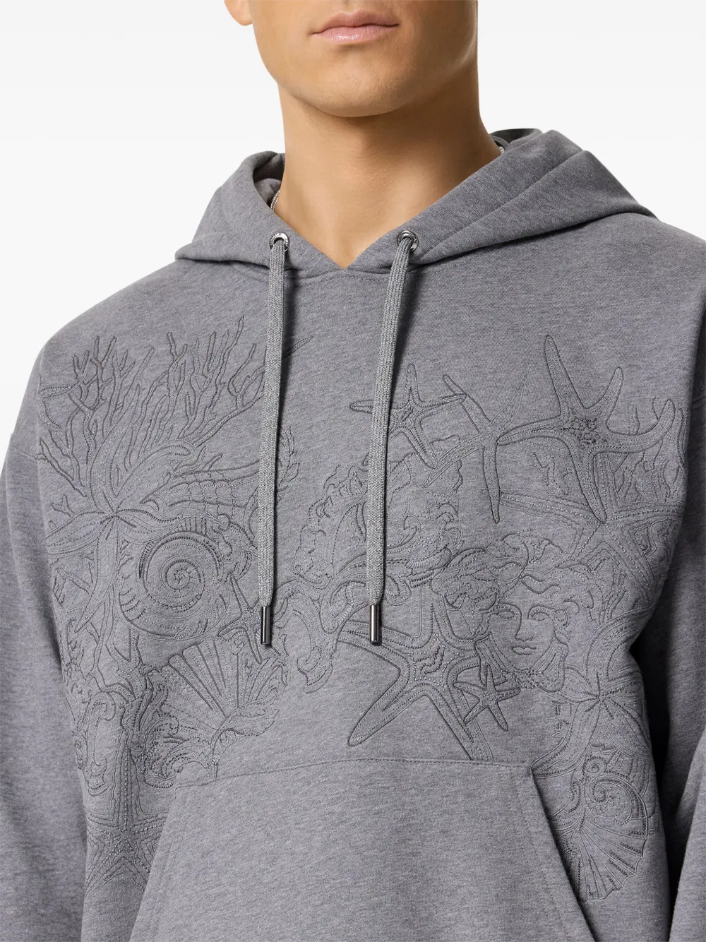 Shop Versace Barocco Sea Embroidered Hoodie In Grey