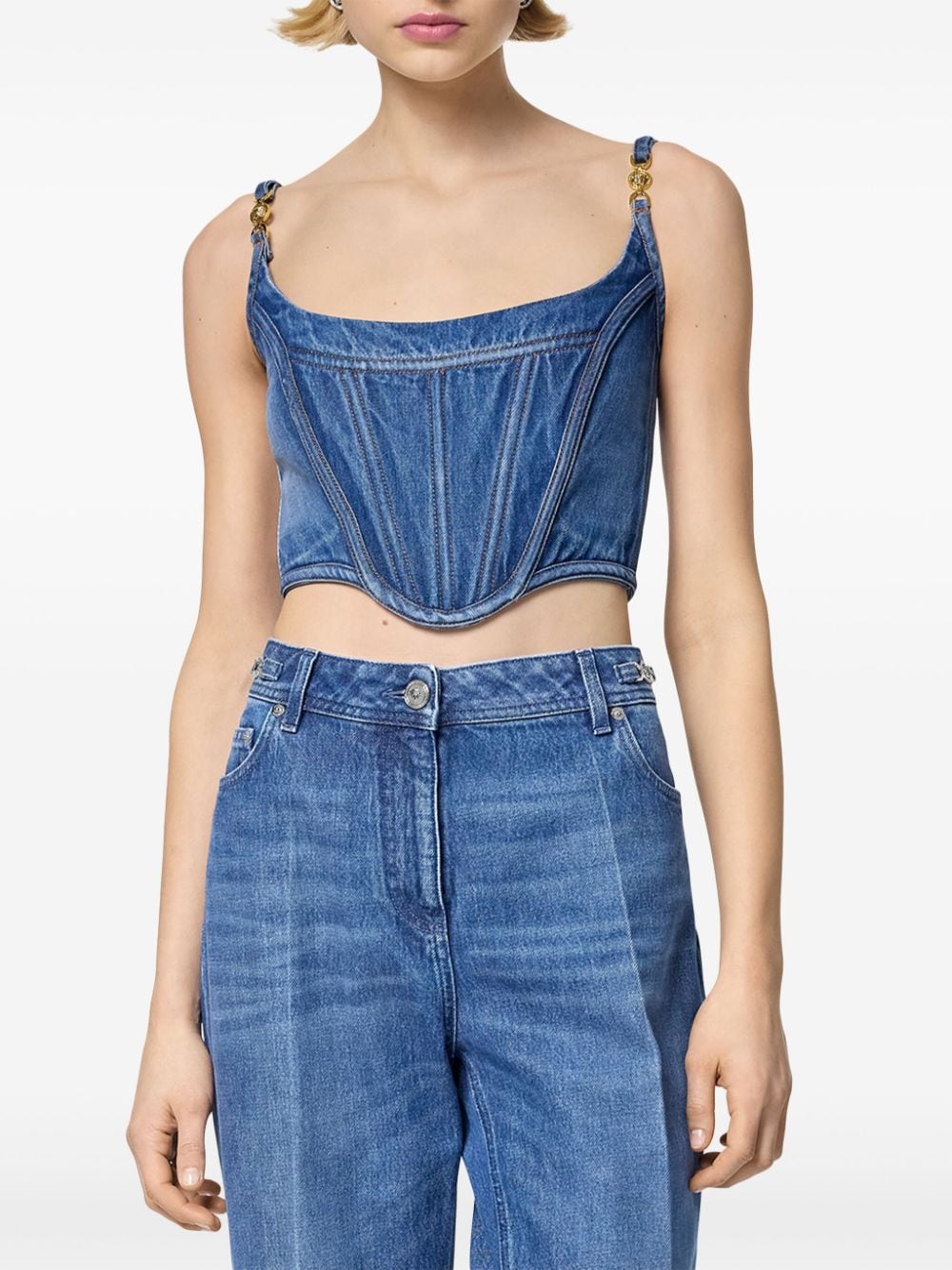 Shop Versace Medusa '95 Denim Corset Top In Blau