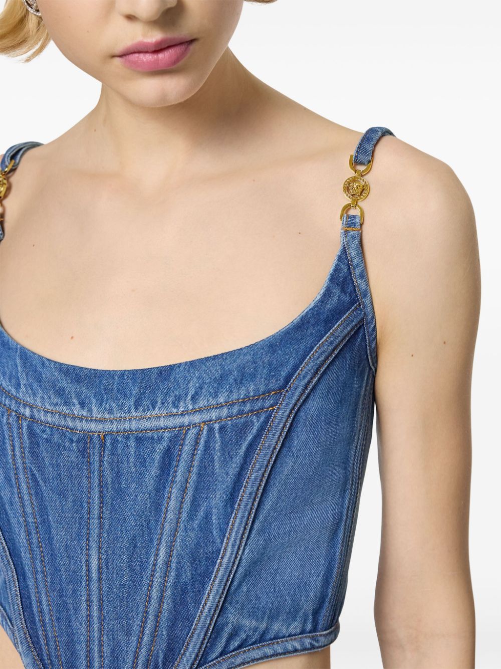 Shop Versace Medusa '95 Denim Corset Top In Blau