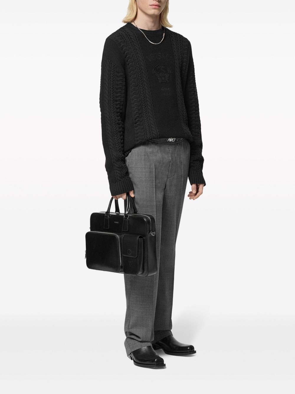 Versace Kabelgebreide trui met geborduurd logo Zwart