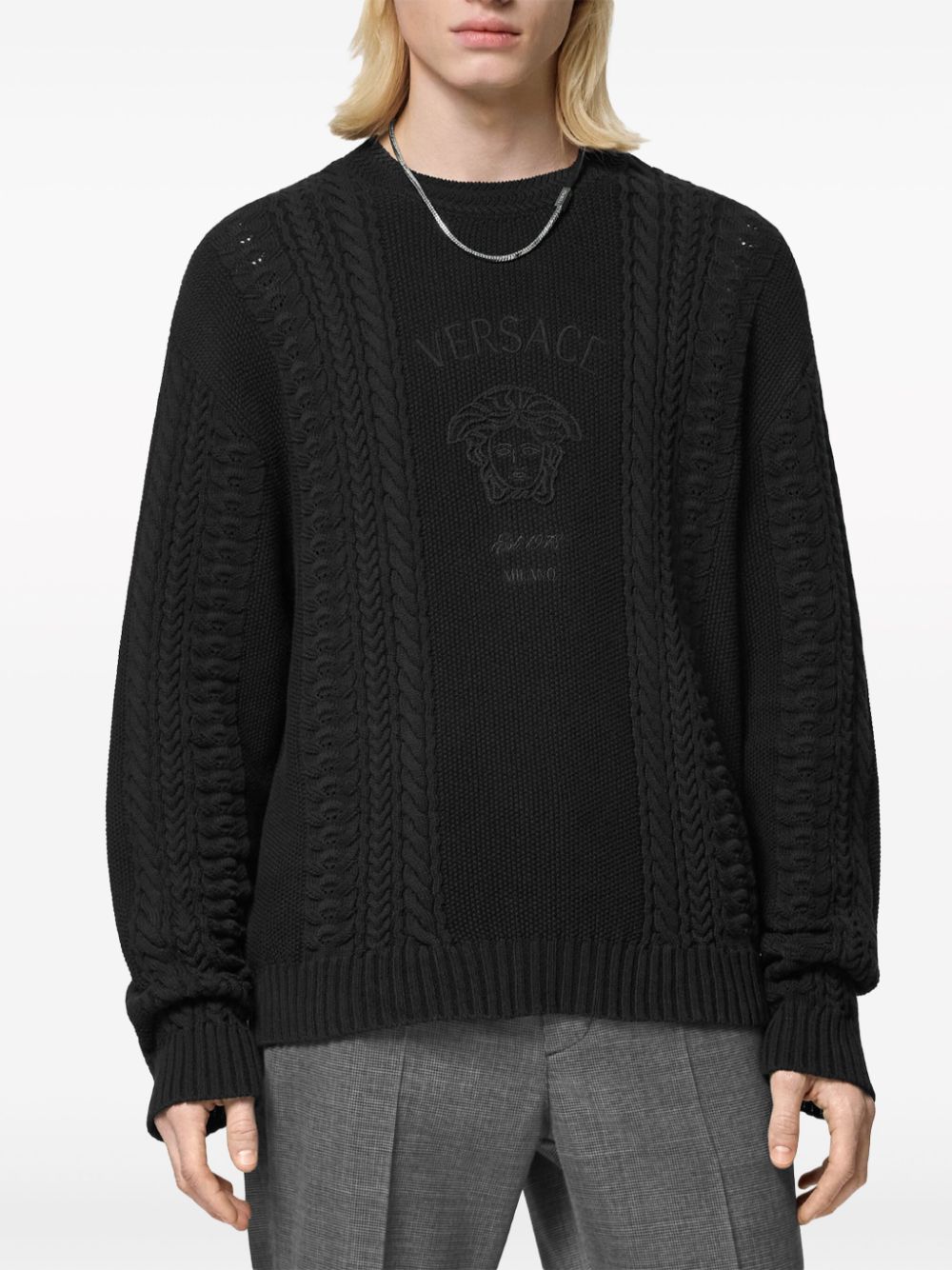 Shop Versace Medusa Milano Cable-knit Jumper In Black