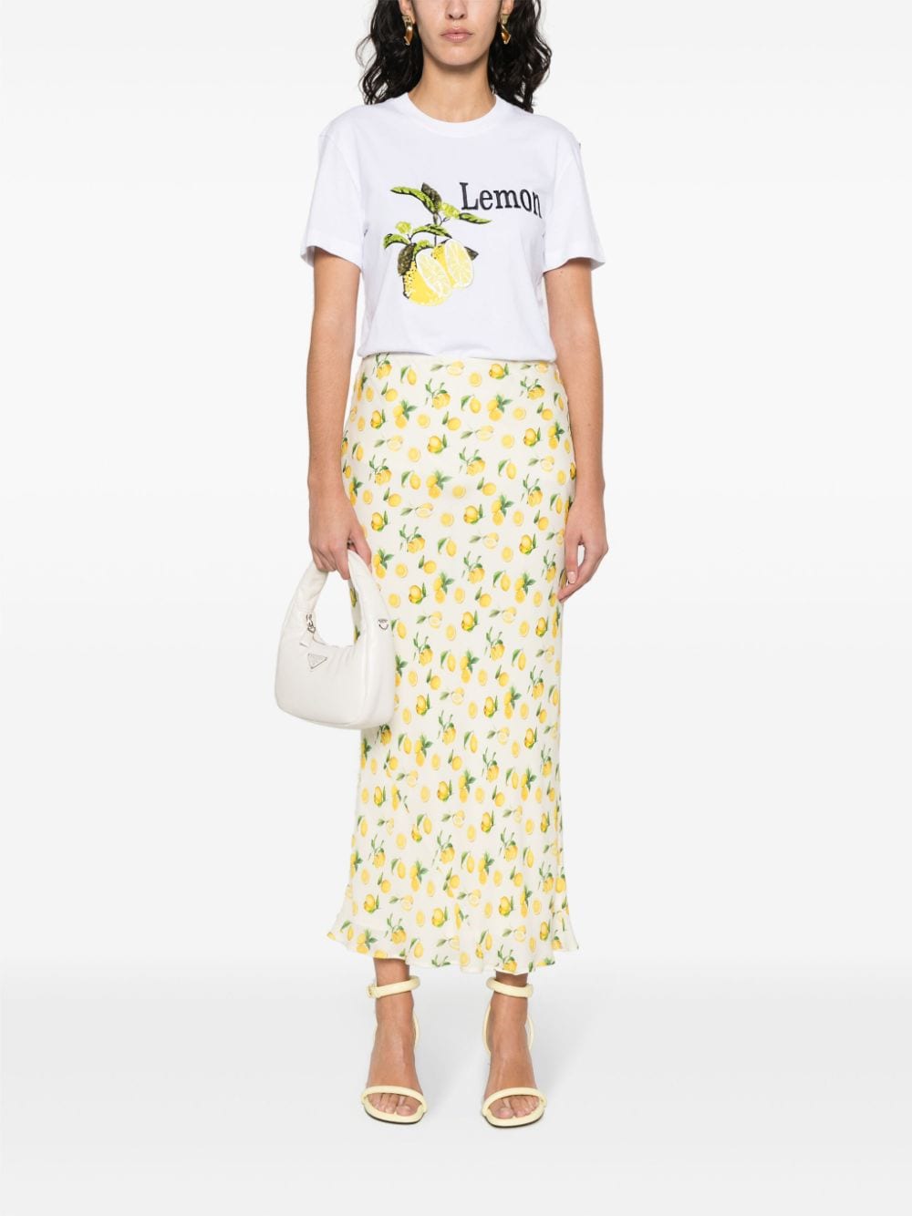 Shop Sportmax Lemon-print Silk Midi Skirt In Nude