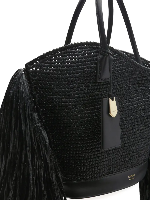 【FERRAGAMO】Large black shopping bag in raffia and leather Ferragamo Black Raffia And Leather Big Shopping Bag – LOZURI®