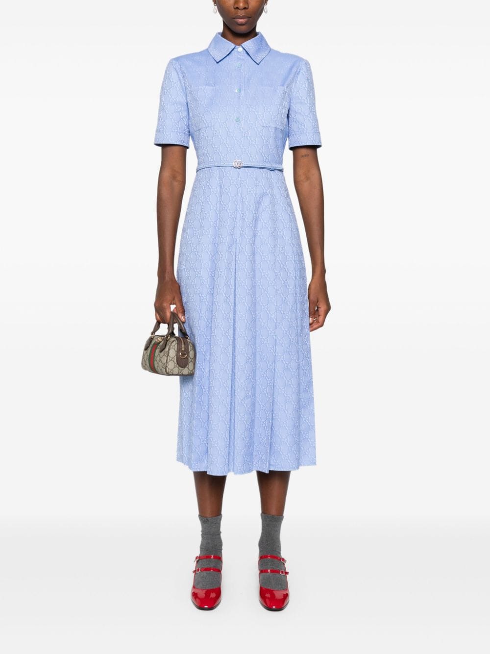 Shop Gucci Gg Supreme-print Midi Dress In Blue