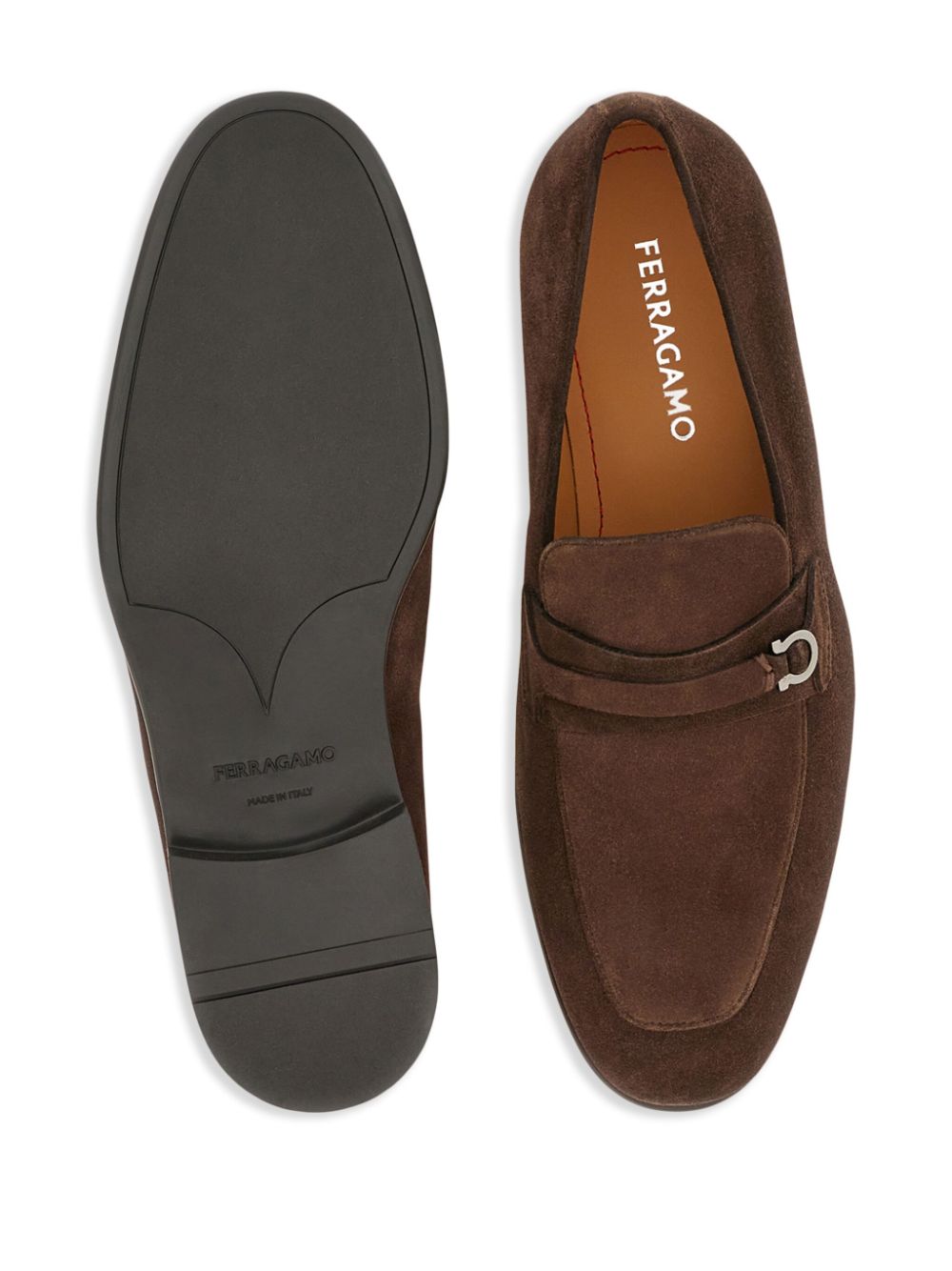 Shop Ferragamo Gancini-plaque Suede Loafers In Brown