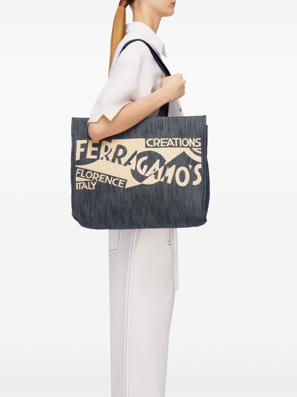 Shop Ferragamo Large Venna Logo-embroidered Tote Bag In Blue