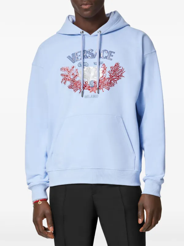 VERSACE 刺繍入り ユニバーシティ コーラル フーディ ブルー Versace University Coral Embroidered Hoodie | Blue | FARFETCH