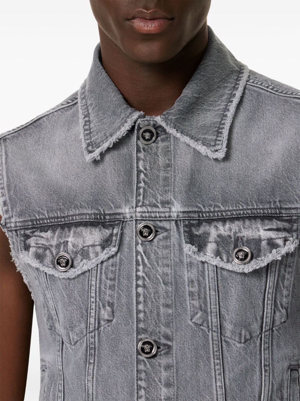 Shop Versace Frayed Denim Vest In Grey