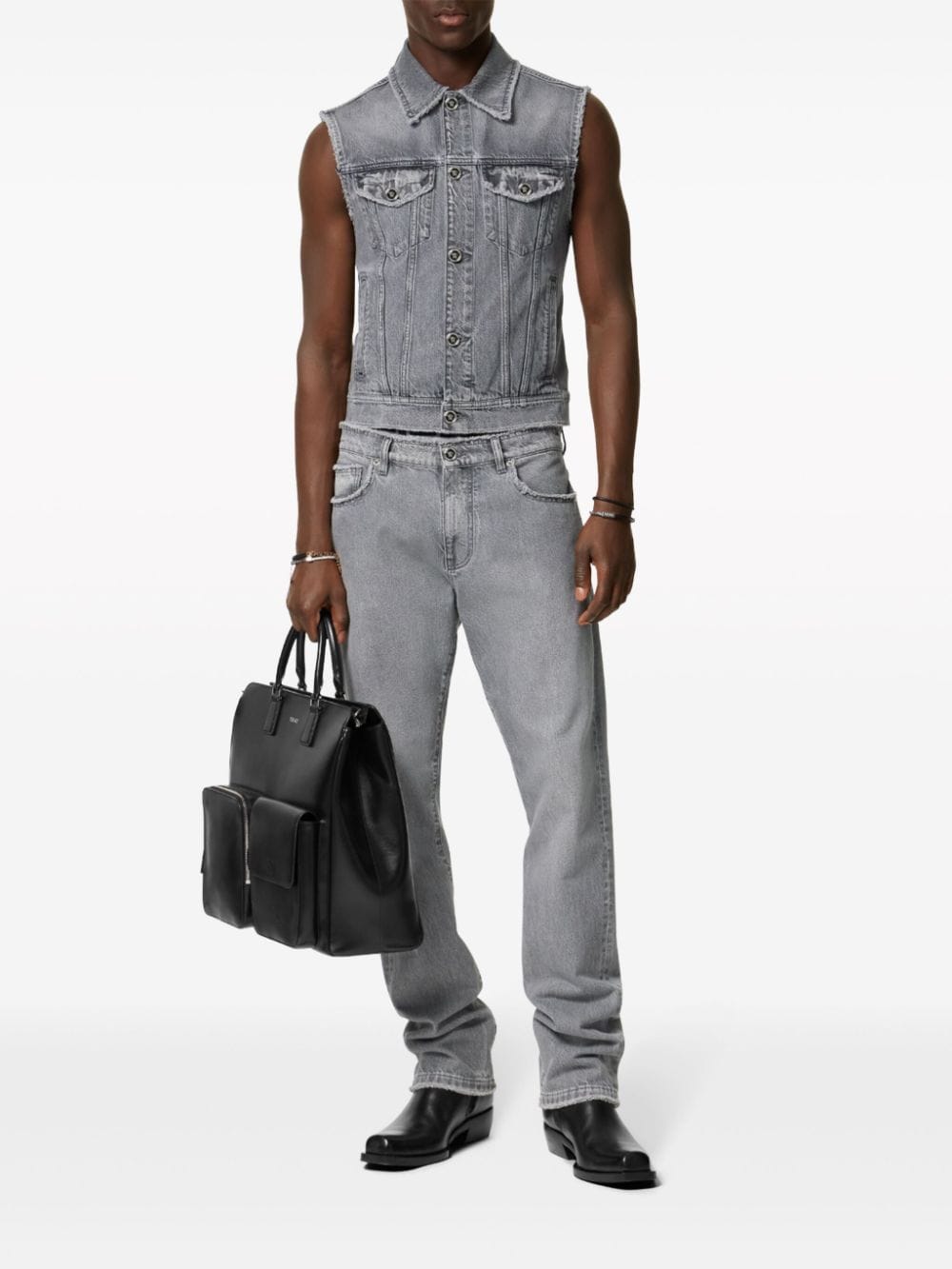 Shop Versace Frayed Denim Vest In Grey