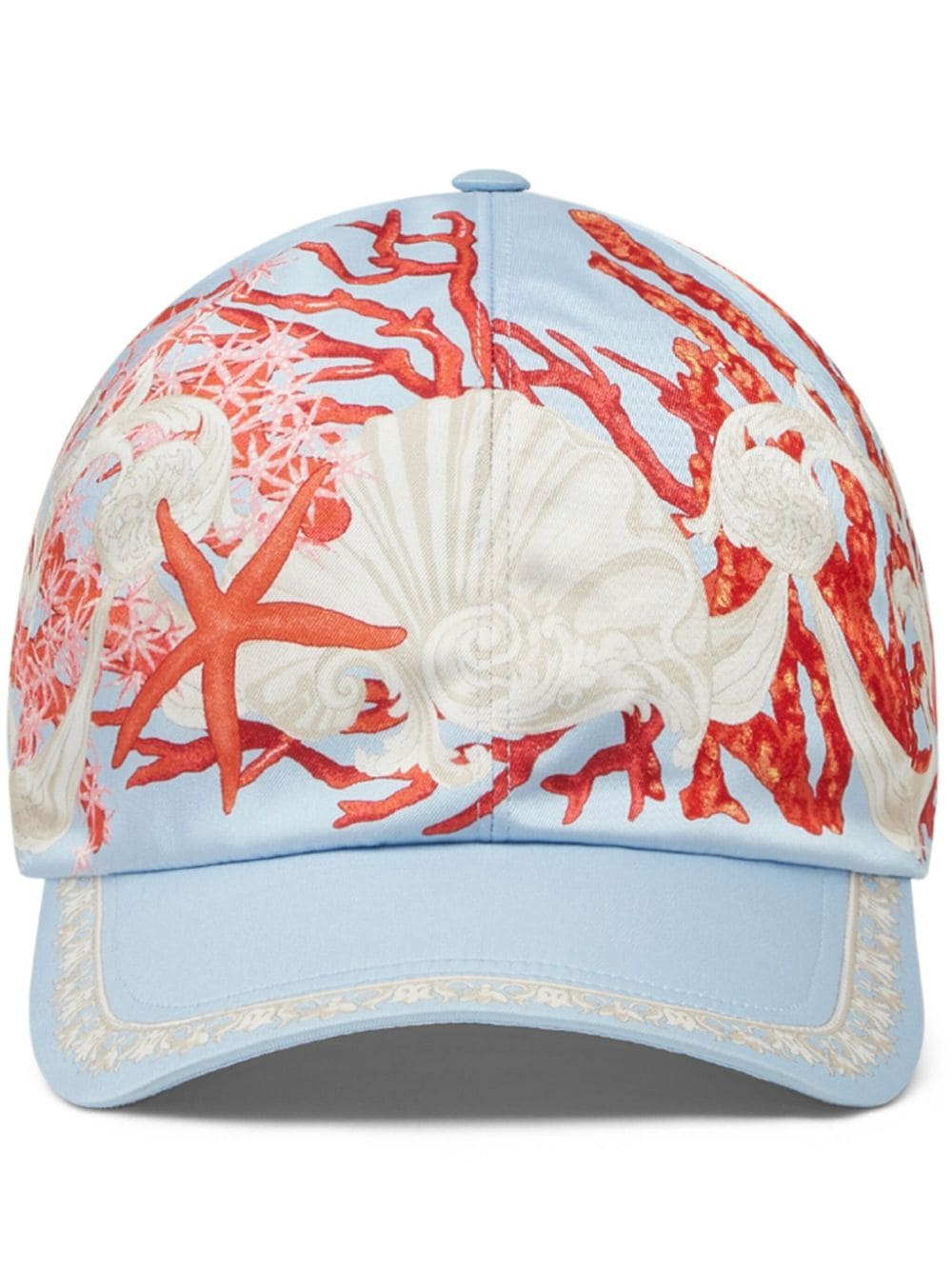 Versace 珊瑚印花曲线形帽檐棒球帽 In Blue