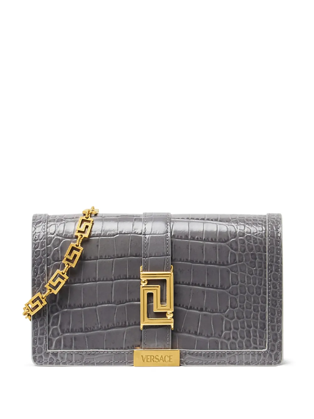 Versace Greca Goddess Crocodile-embossed Shoulder Bag In Grey