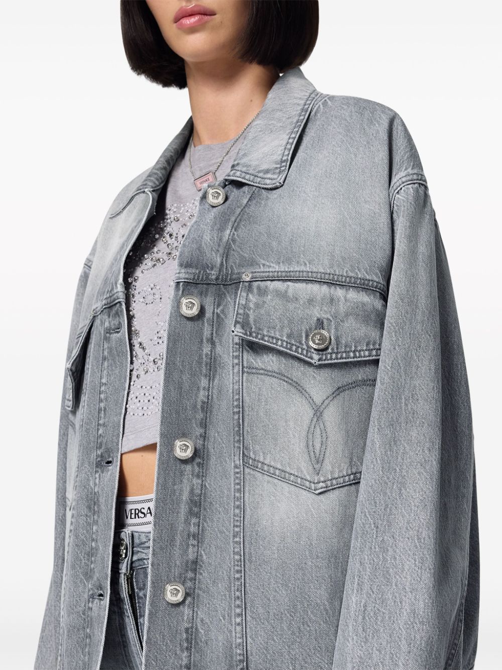 Shop Versace Logo-appliqué Denim Jacket In Grey