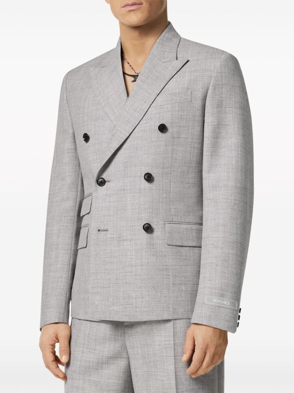 Shop Versace Double-breasted Wool-blend Blazer In Grey