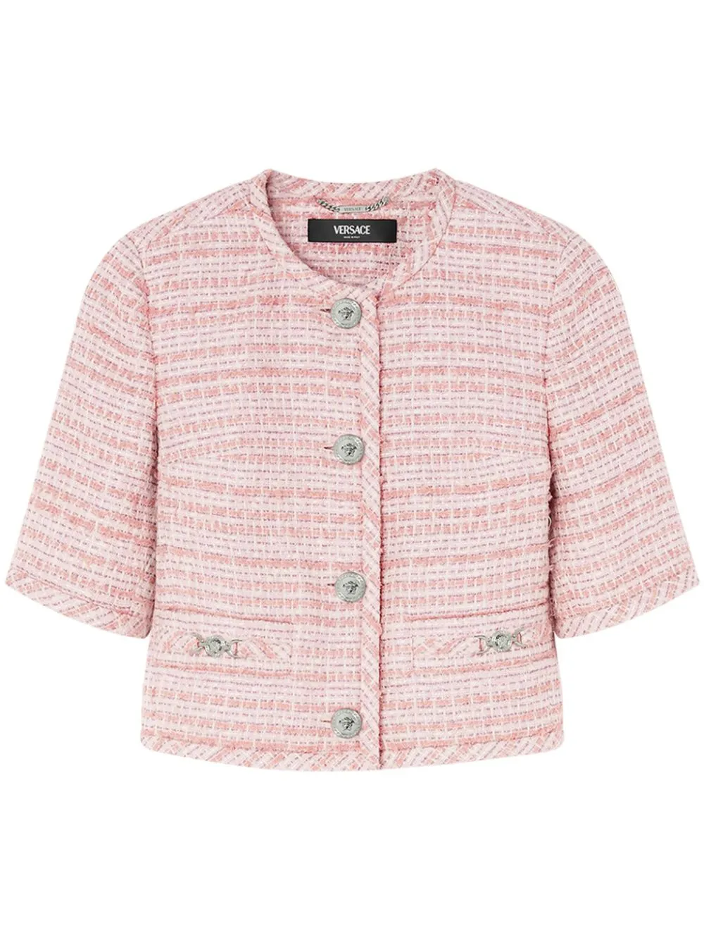 Versace Tweed Short-sleeved Cardigan Jacket In Pink