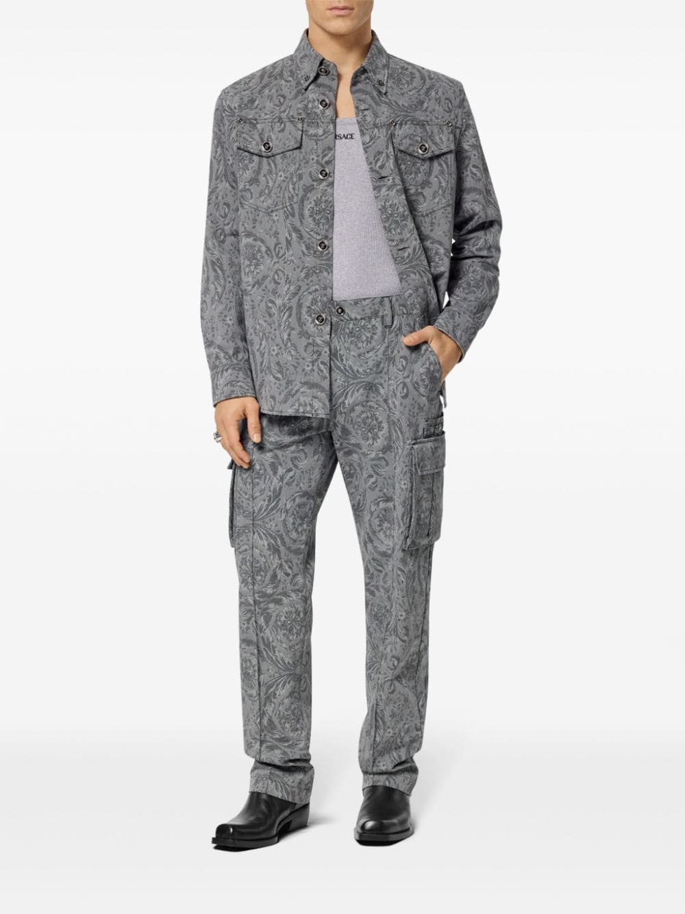 Shop Versace Barocco-print Straight-leg Trousers In Grey