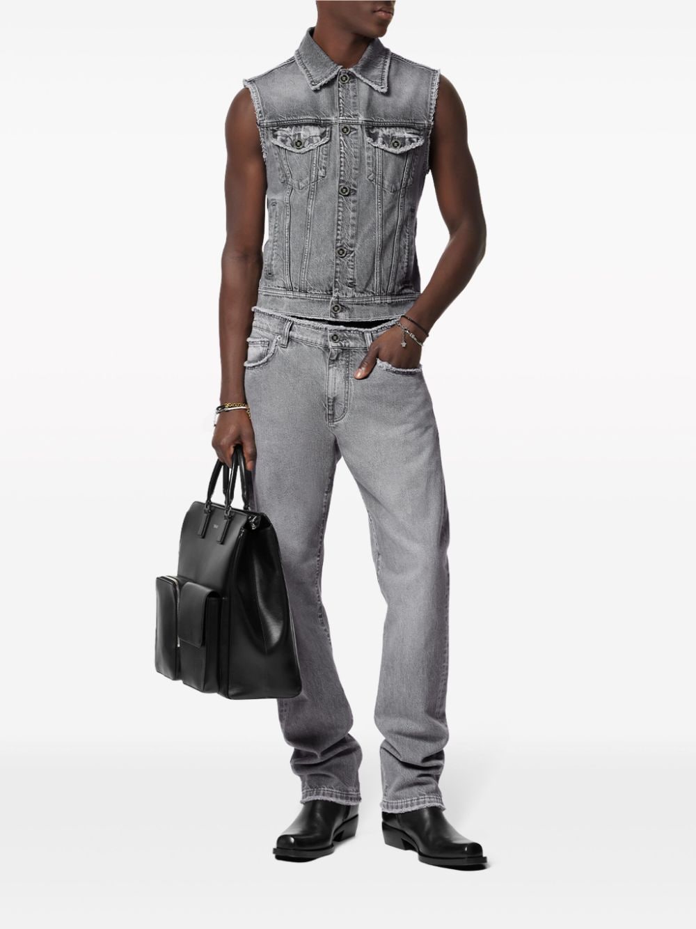 Shop Versace Frayed Straight-leg Jeans In Grau