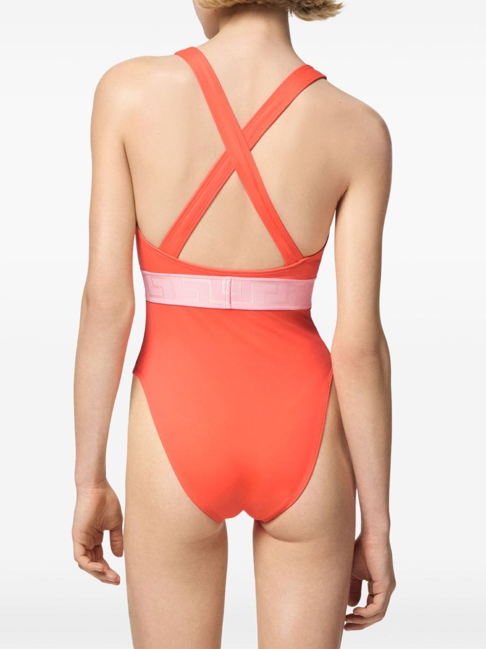 Shop Versace Greca Border Cut-out Swimsuit In 橘色