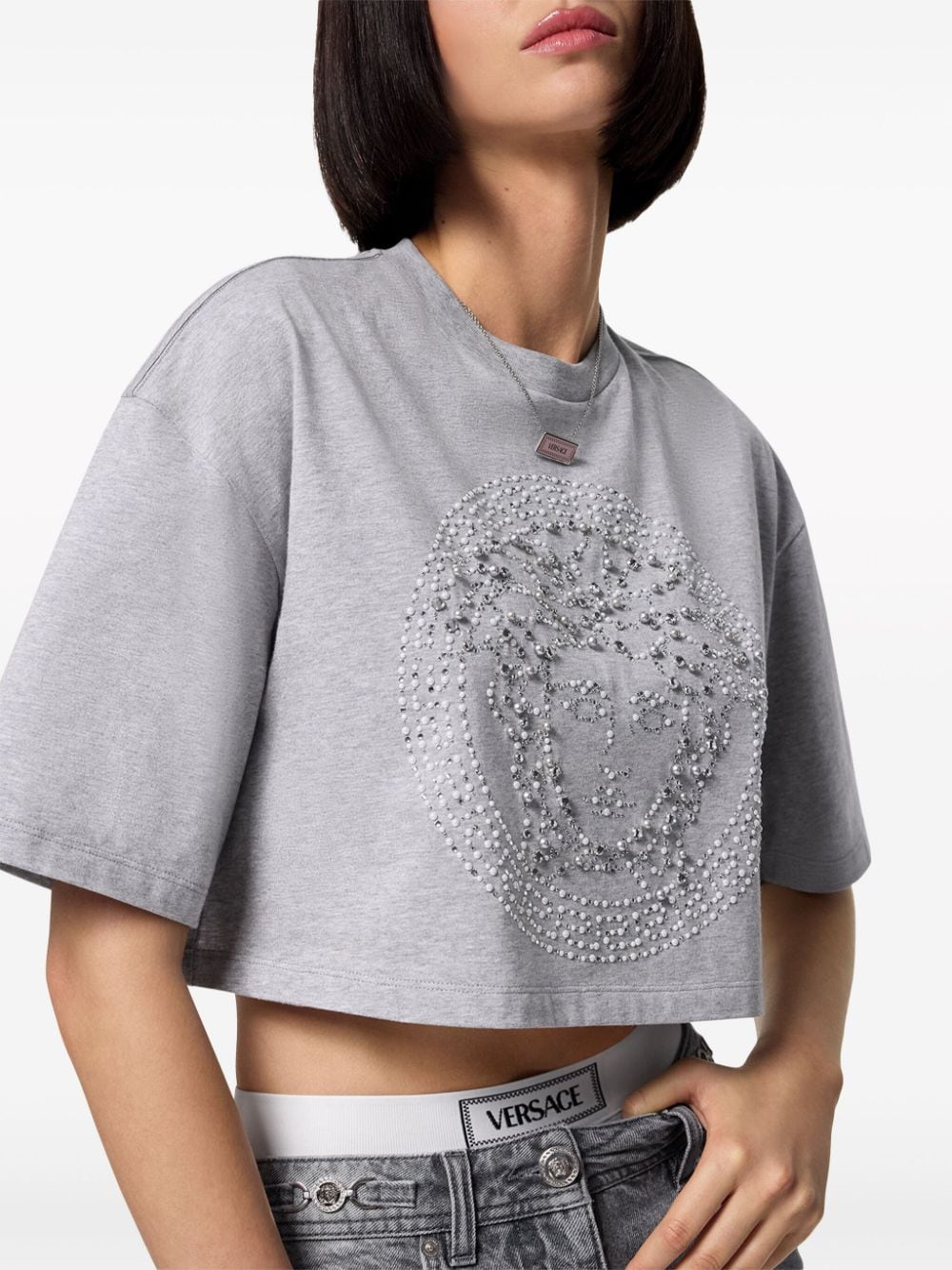 Shop Versace Medusa Crystal-embellished Cropped T-shirt In Grey