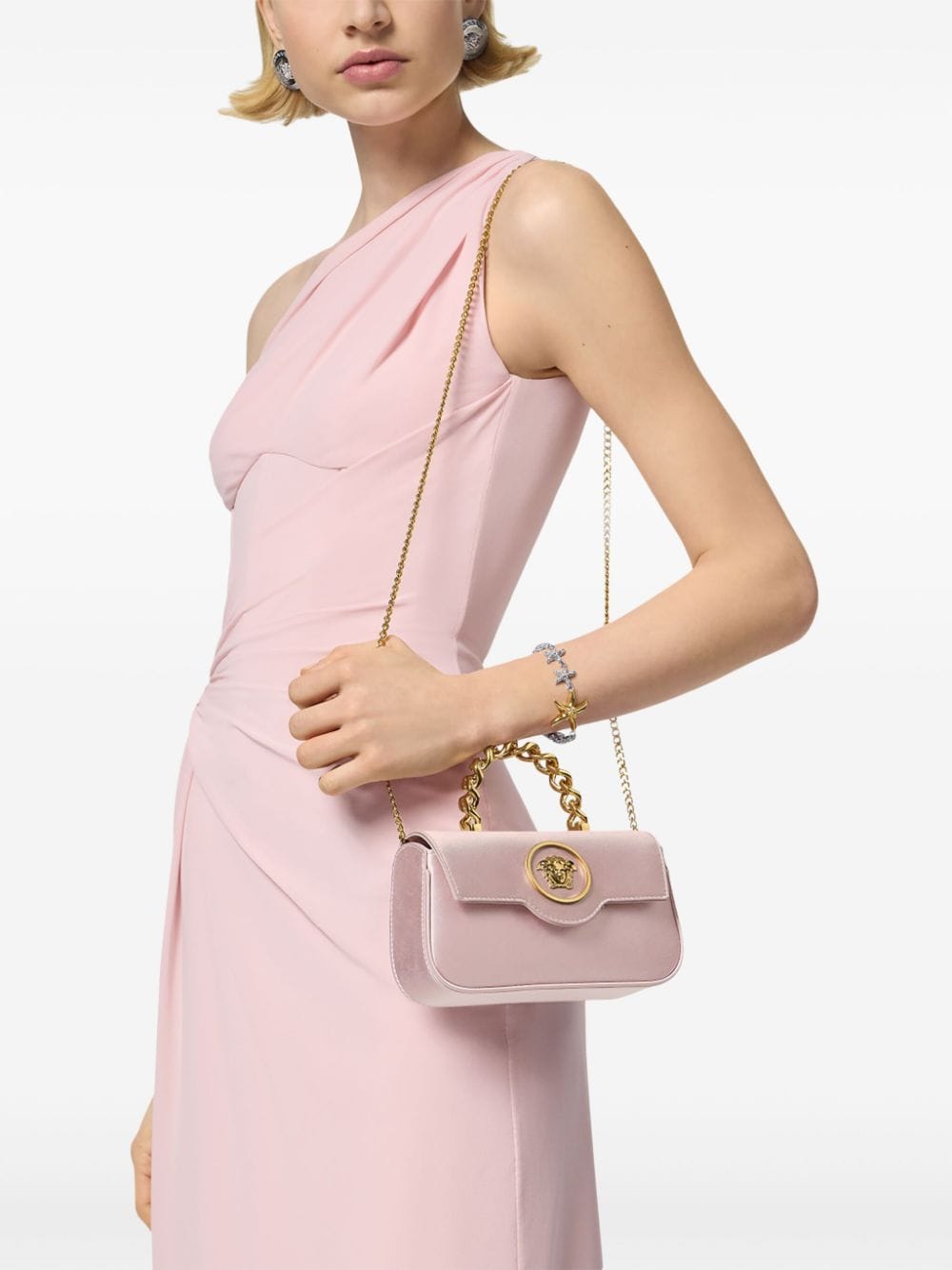 Shop Versace La Medusa Foldover Shoulder Bag In Pink