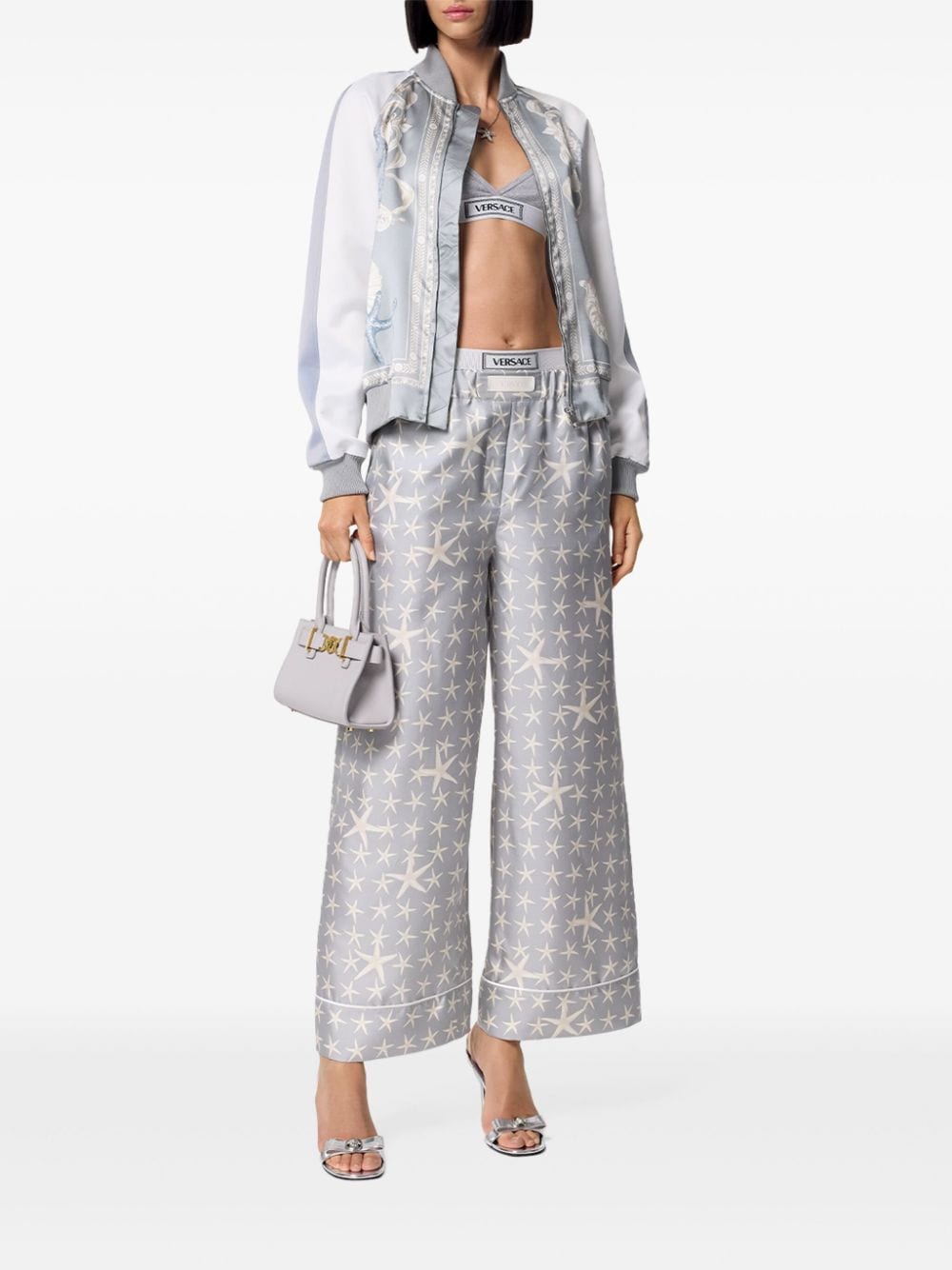 Shop Versace Stella Marina Silk Trousers In Grau