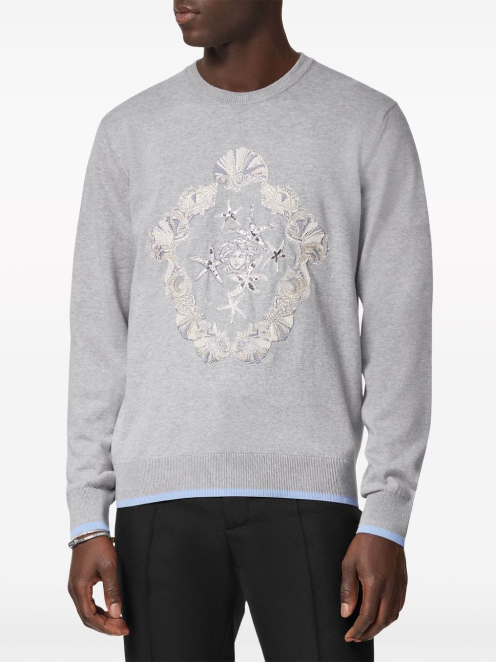 Shop Versace Shell Blasone Embroidered Sweater In Grau