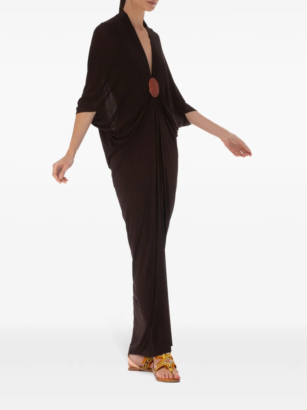 Silvia Tcherassi Malu Brooch-detail Kaftan Dress In Brown