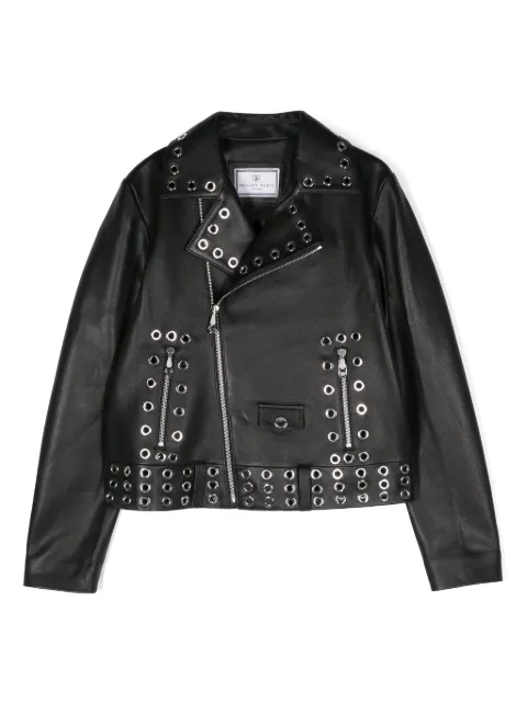 Philipp Plein Junior eyelet-embellished leather jacket