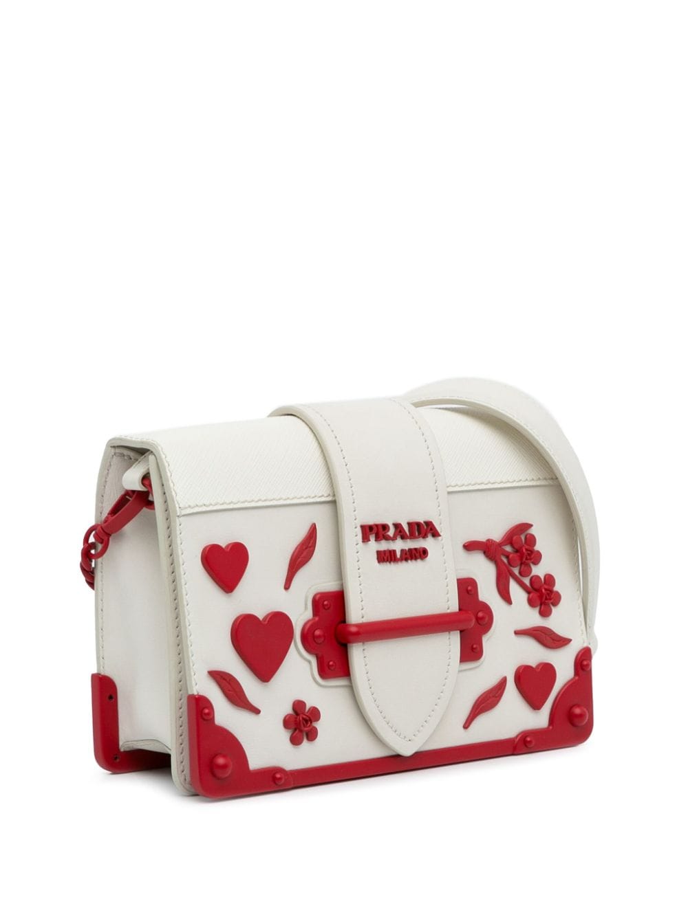 Pre-owned Prada 2016-2023   Saffiano Trimmed City Calf Cahier Flower Heart Crossbody Bag In White