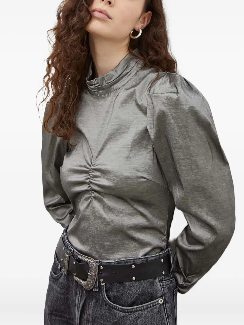 Gestuz Ruched Puff-sleeve Top In Gray