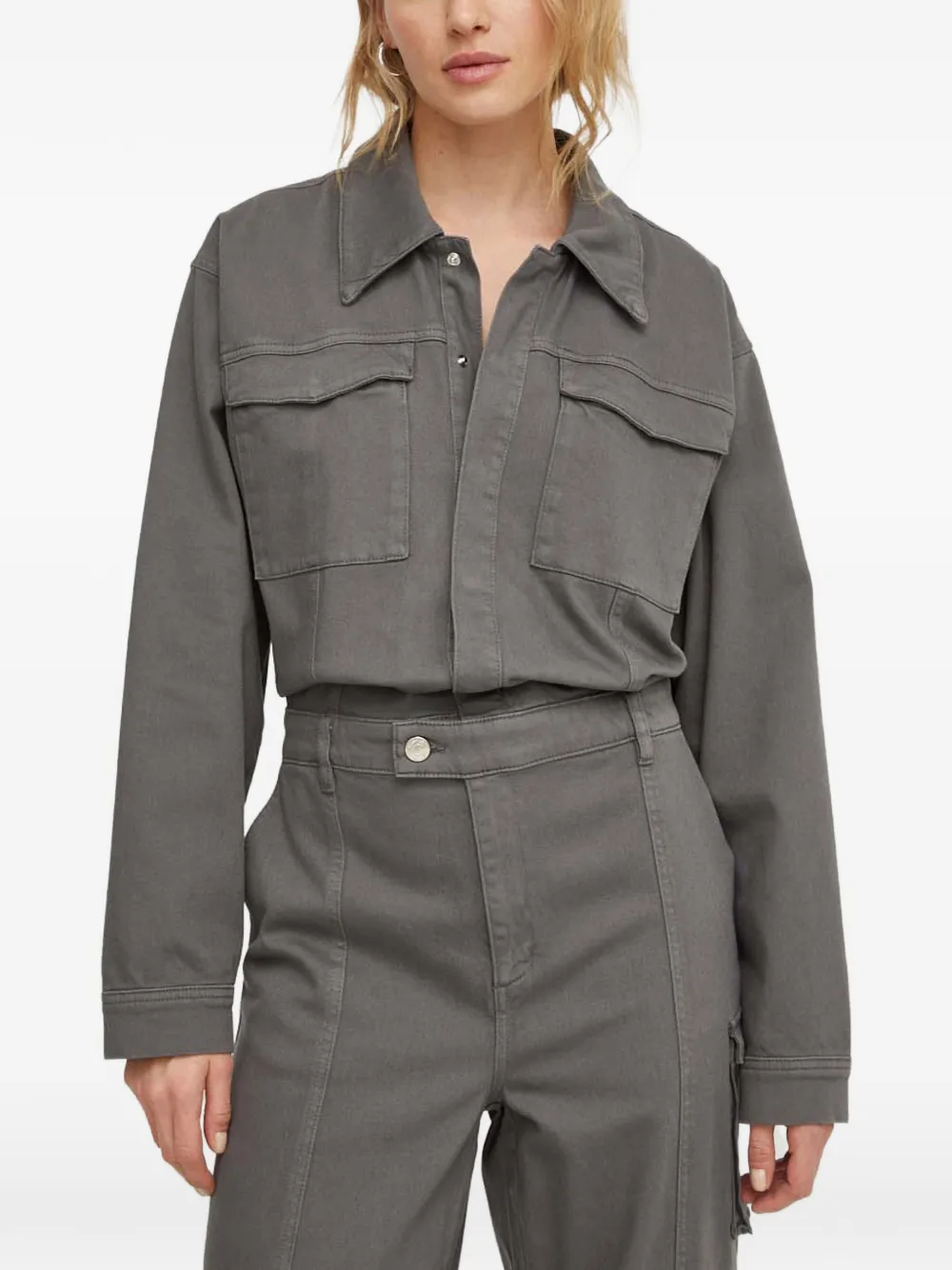  Gestuz Point-collar Chest-pocket Jumpsuit - Grey 
