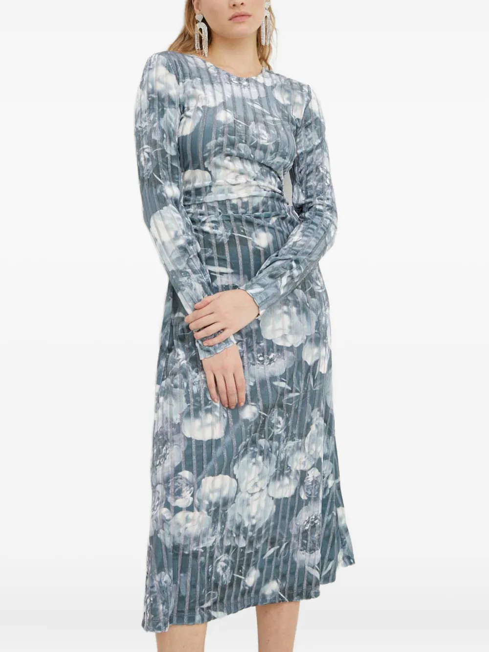 Stine Goya Striped Floral Midi Dress In Blue