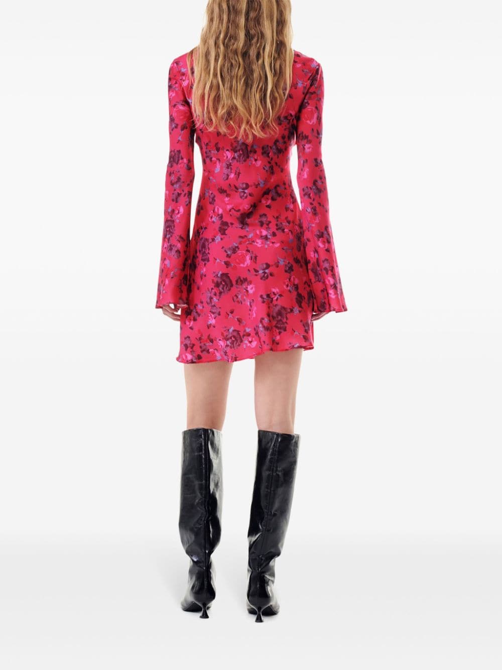 Shop Ganni Floral-print Long-sleeve Dress In Rosa