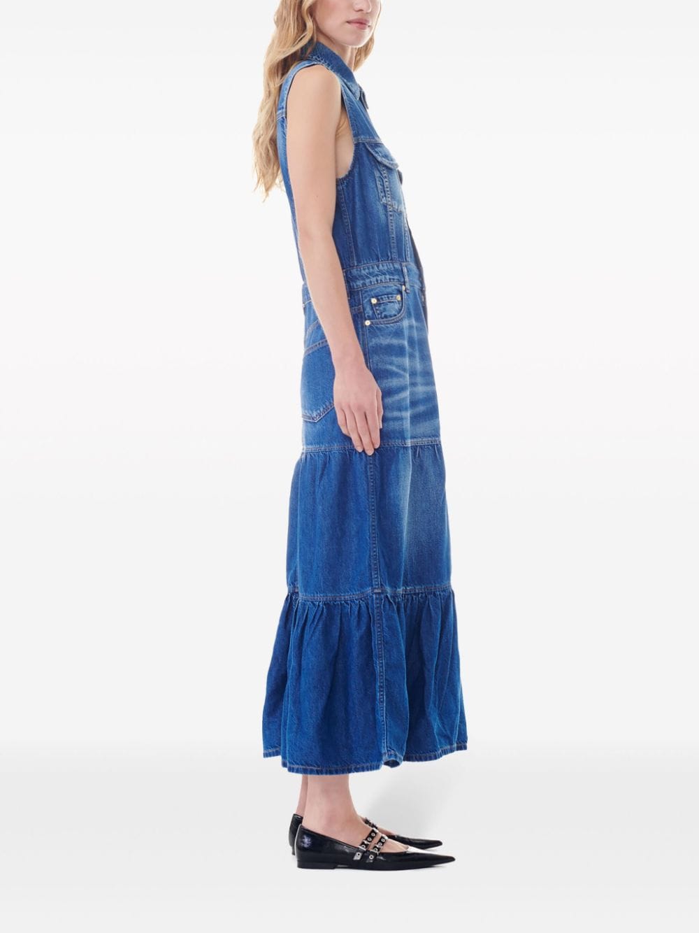 Shop Ganni Sleeveless Denim Dress In Blau