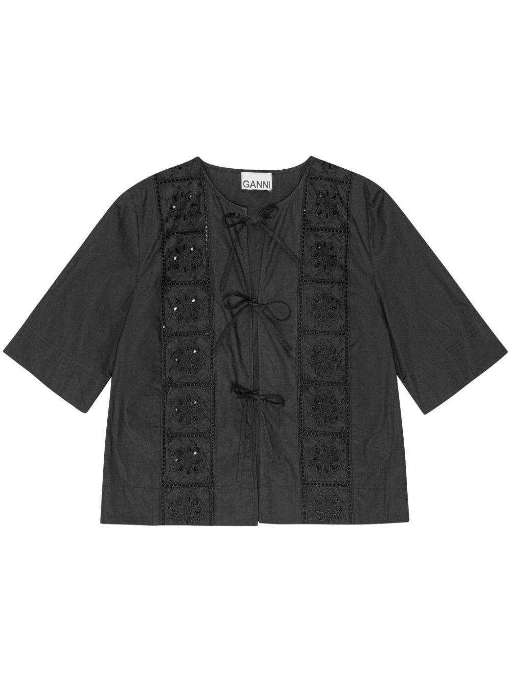 Ganni Embroidered Short-sleeve Shirt In Schwarz
