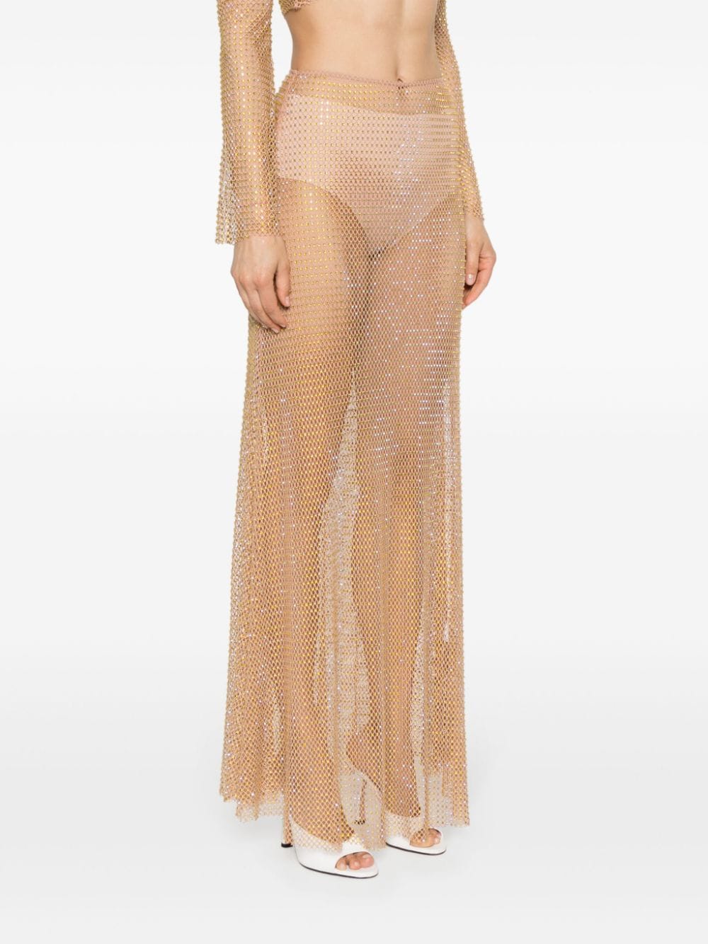 Shop Self-portrait Crystal-embellished Mesh Maxi Skirt In Neutrals