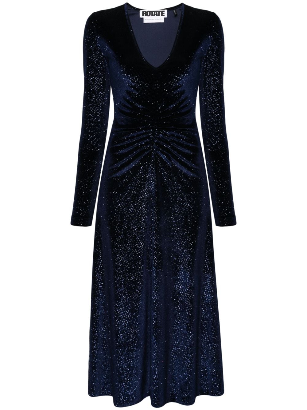 Rotate Birger Christensen Rhinestone-embellished Ruched Midi Dress In Blue