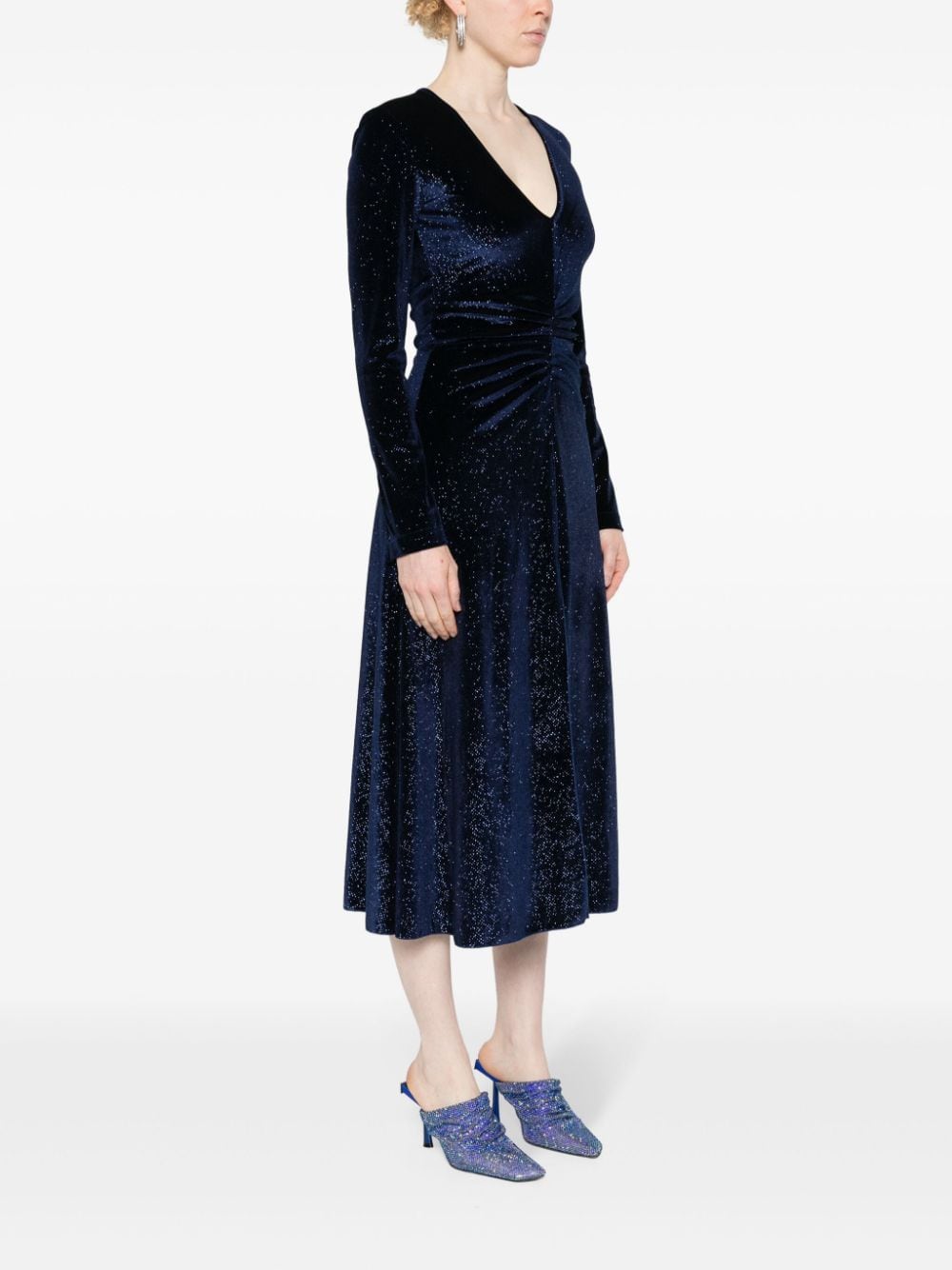 Shop Rotate Birger Christensen Rhinestone-embellished Ruched Midi Dress In Blue